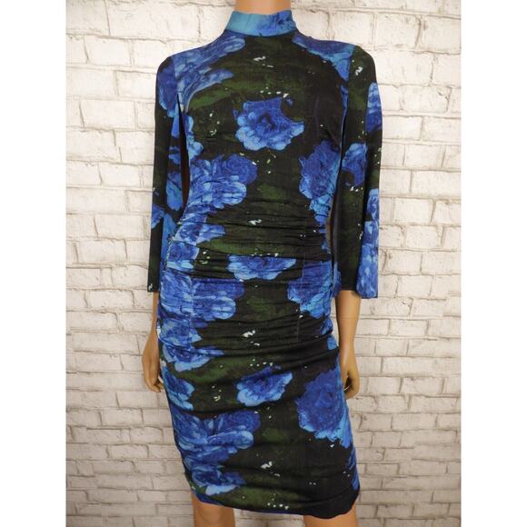 $348 Tracy Reese Blue Foral Cutout Back Flutter Sleeve Ruched Dress 2 NWT - Picture 4 of 16